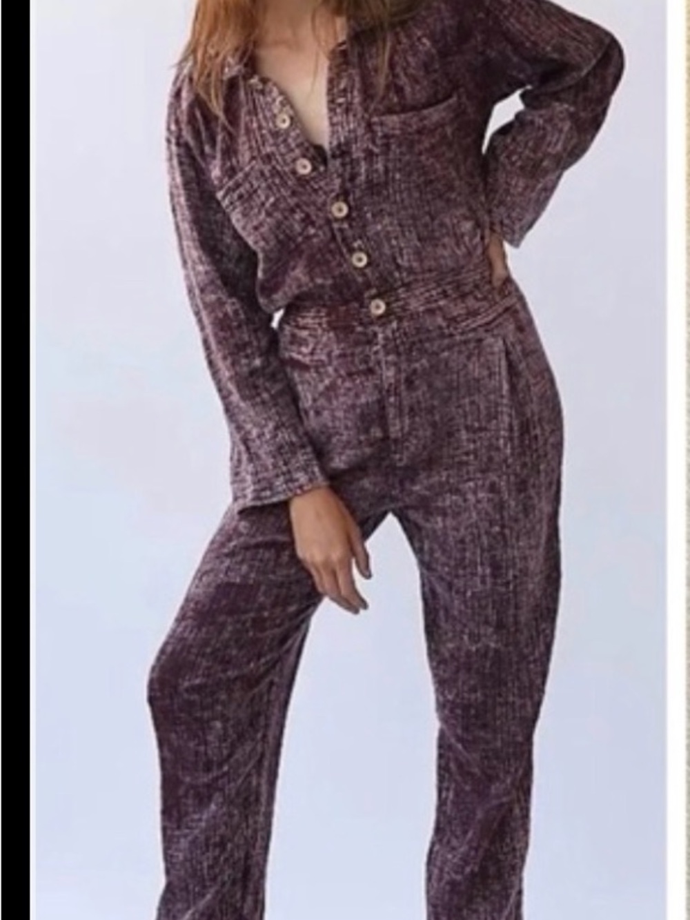 Free People Plum Textured Button-Front Jumpsuit